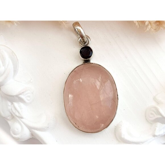 Rose Quartz Black Onyx Semi-Precious Gemstone Sterling Silver Vintage Pendant - Picture 3 of 10